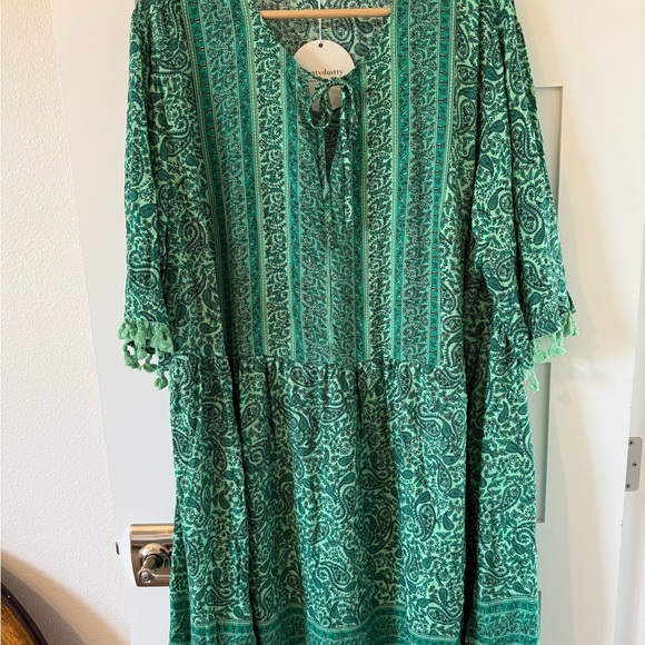 Rusttydustty Women’s 4XL Green Paisley Boho Dress Tassel Sleeve NWT - Picture 5 of 7